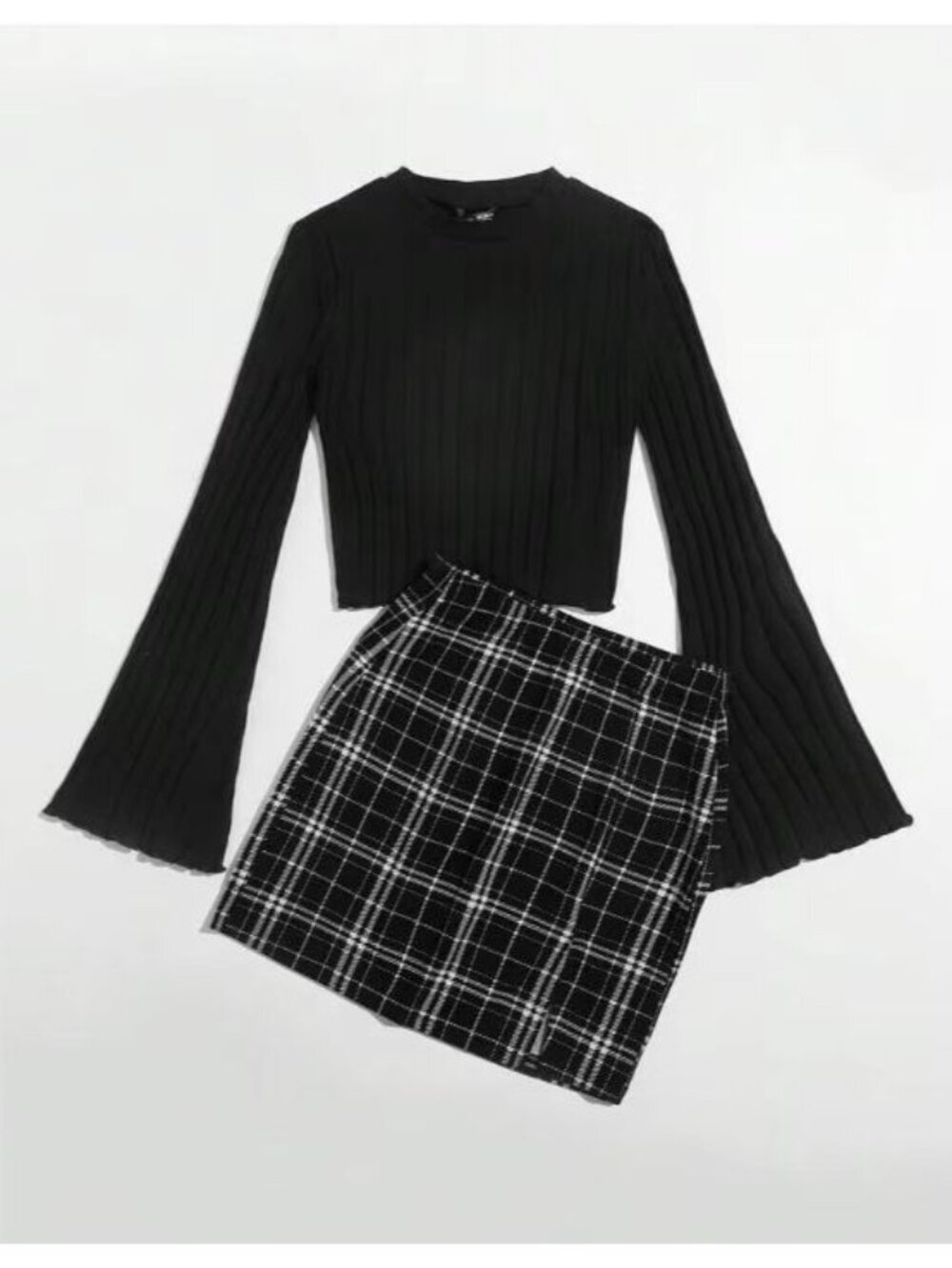 Shein Lettuce Trim Bell Sleeve Top & Slit Hem Plaid Skirt Set Women Size M Black